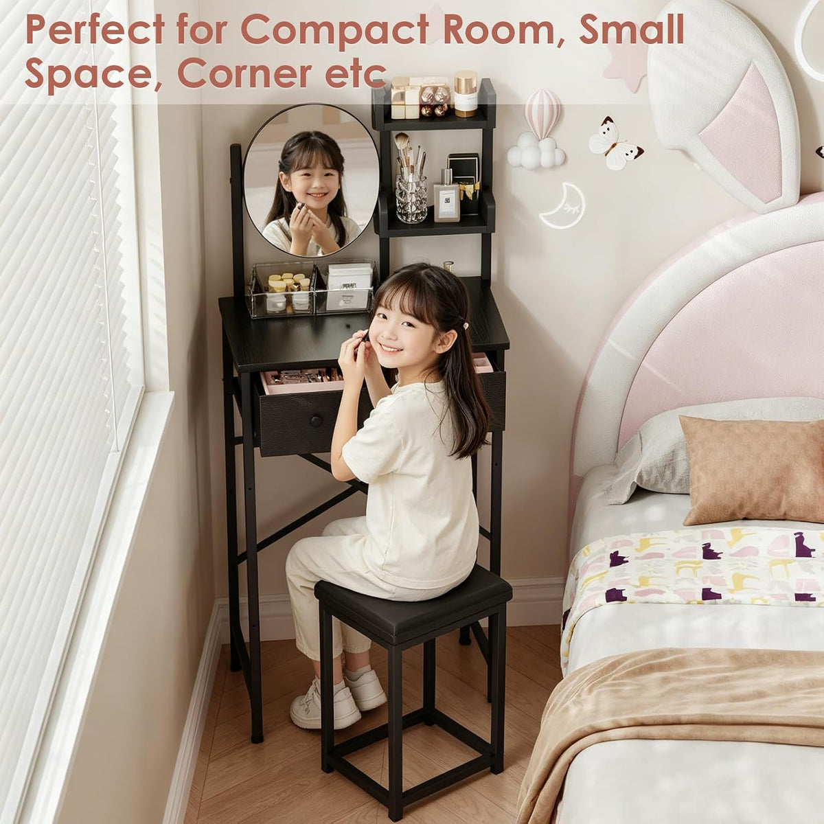 X-cosrack Small Black Makeup Vanity Desk 19.7''W with Adjustable Mirror and Chair, Space-Saving Vanity Table with 2 Fabric Drawers 2 Opening Shelves for Girls Gifts, Bedroom, Small Spaces, Black