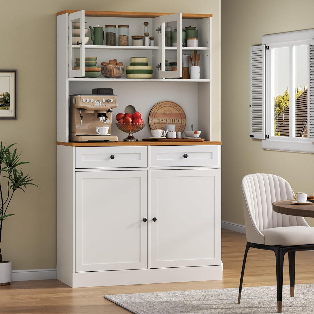 Tall Kitchen Pantry Cabinet, Modern Kitchen Hutch with Microwave Stand | Pantry Storage Cabinet with 2 Darwers & Door Shelf, Food Pantry with Glass Doors & Adjustable Shelves for Dining Room, White