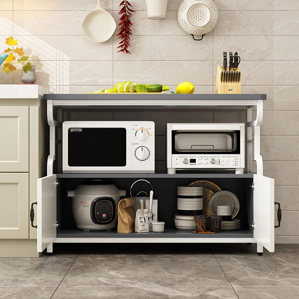 3 Tier Kitchen Rack with Side Hooks Microwave Stand and Utility Storage Shelf Metal Frame Storage Shelves (100cm)