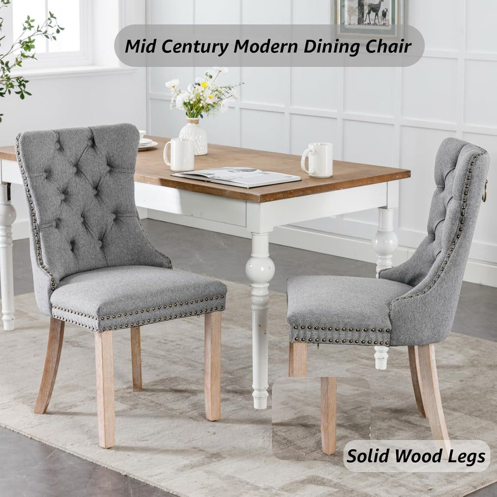 Grey Mid Century Modern Dining Chairs Set of 4, Linen Upholstered Kitchen & Dining Room Chairs with Nailhead Trim & Solid Wood Legs, Elegant Sillas De Comedor (Grey, 4 Pcs)