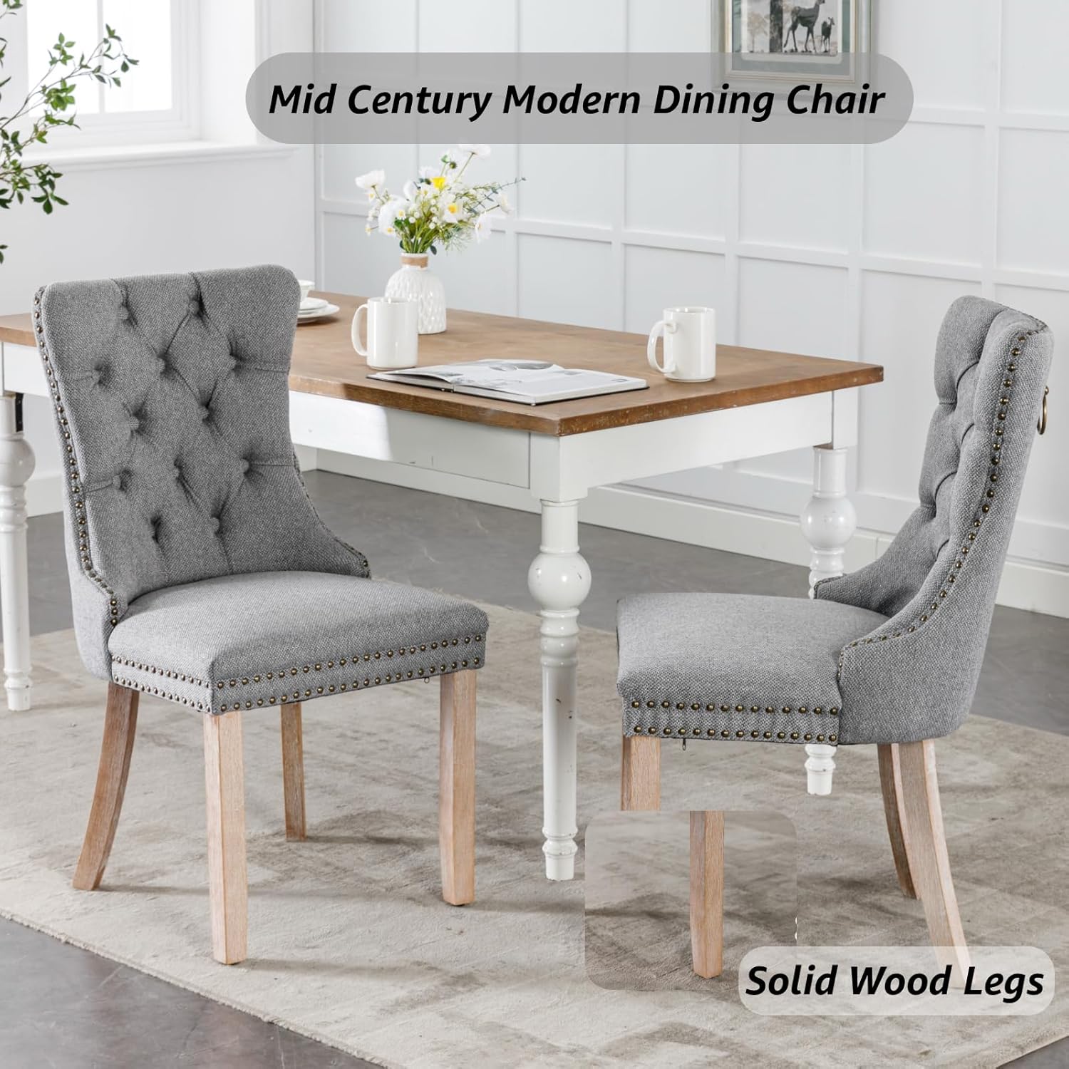 Grey Mid Century Modern Dining Chairs Set of 4, Linen Upholstered Kitchen & Dining Room Chairs with Nailhead Trim & Solid Wood Legs, Elegant Sillas De Comedor (Grey, 4 Pcs)