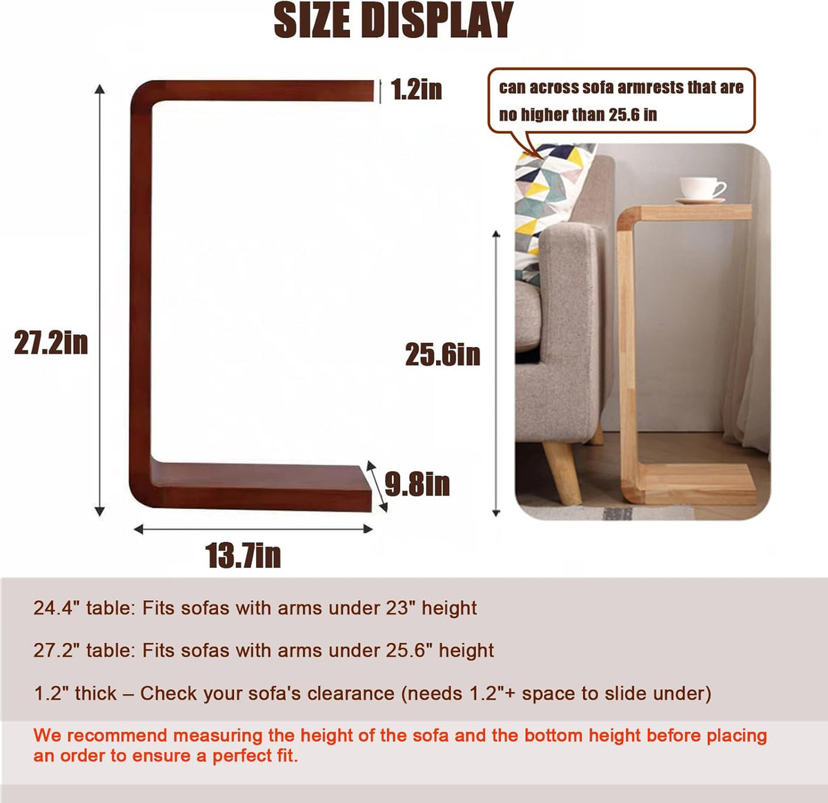Solid Wood End Table for Couch, C Shaped Mini Sofa Side Table for Small Narrow Spaces, Wooden Nightstand for Living Room Bedroom Laptop Work Desk, Bedside Table for Office Balcony (1, black large)