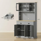 71-inch Modern freestanding Pantry Cabinet, Four Adjustable Shelves at Three Heights, Wide Counter Cable Hole, Gray Yellow Oak