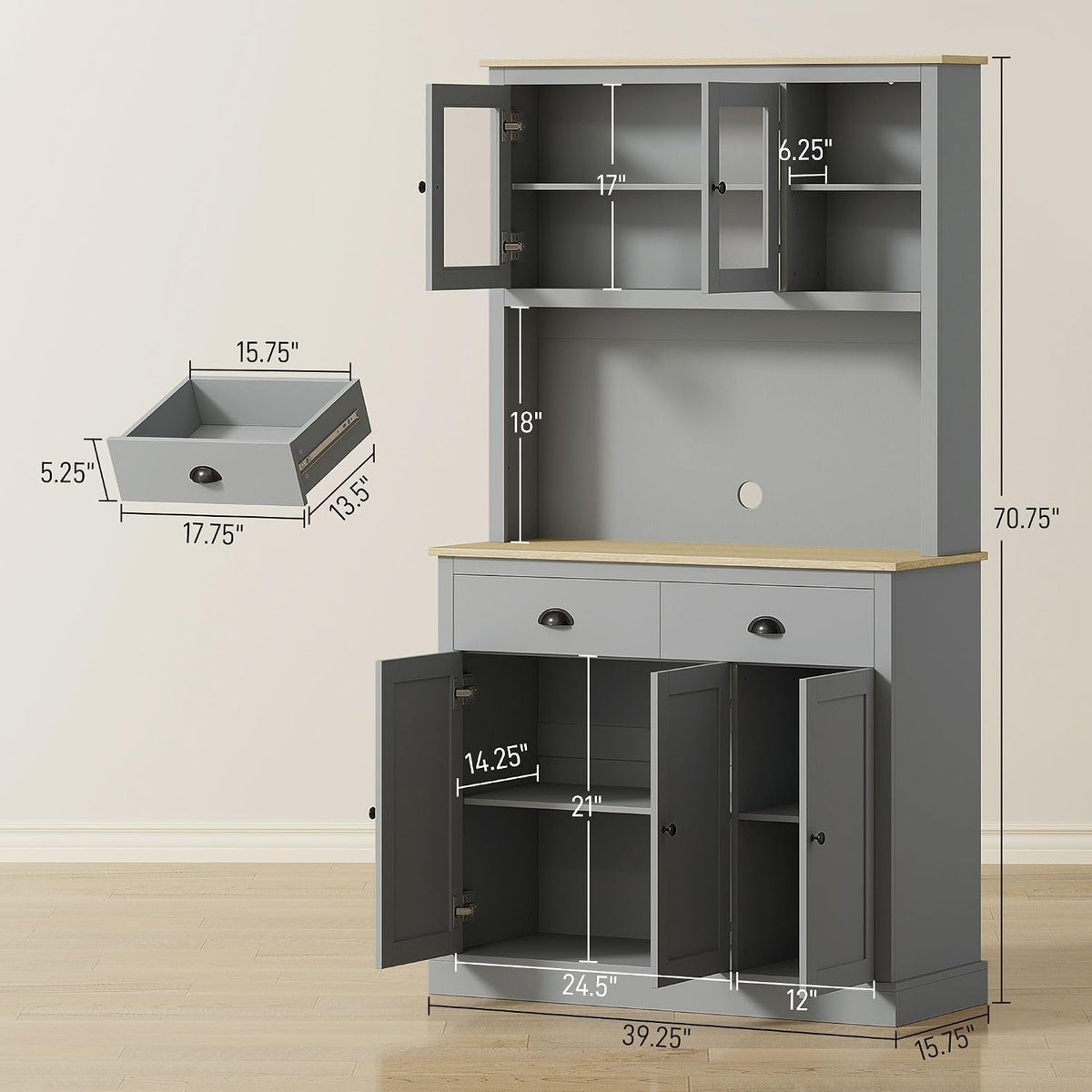 Pantry Cabinet 71-inch freestanding, Four Adjustable Shelves at Three Positions, Wide countertop Cable Hole, Gray and Yellow Oak Design