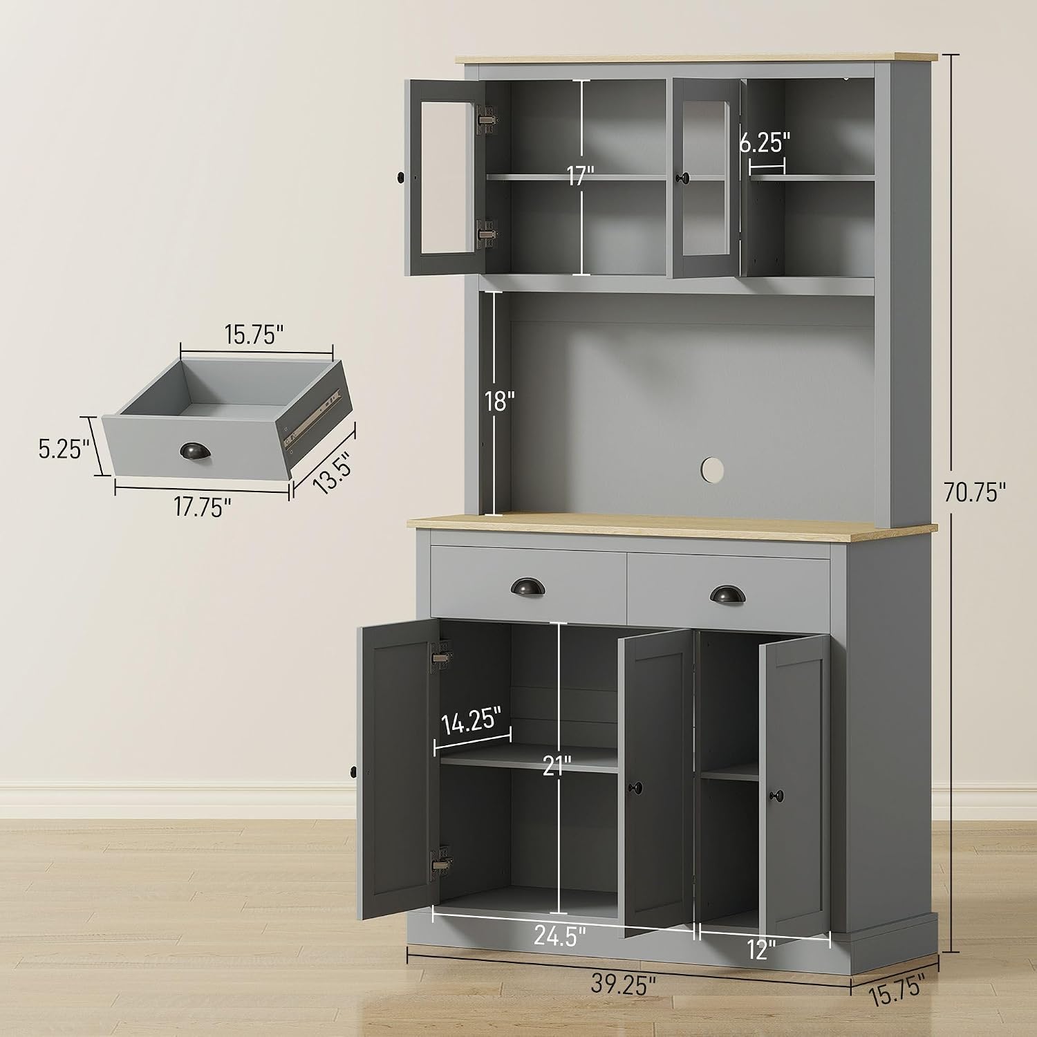 71-inch Height Kitchen Pantry, freestanding with Reversible Adjustable Shelves Three Heights, Wide countertop Cable Access, Gray and Yellow Oak Finish
