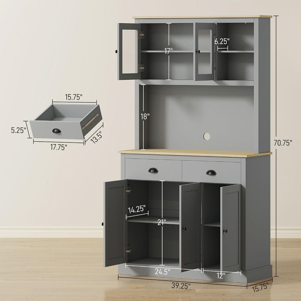 Kitchen Pantry Unit 71 inch, freestanding, Adjustable Shelves Three Heights, Wide countertop for Cable, Gray Oak Yellow Finish