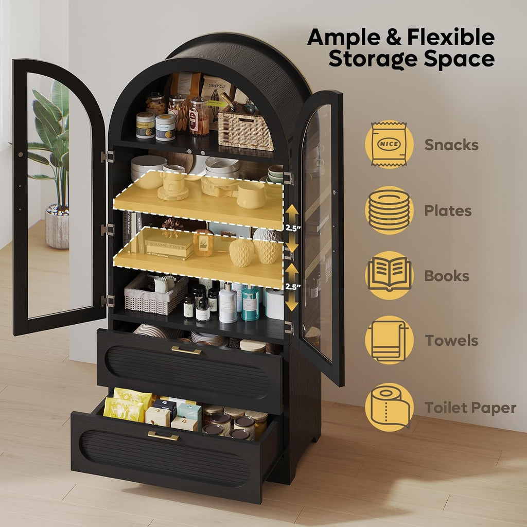 Bestier 71" Arched Kitchen Pantry Cabinet with LED Lights, 15.7" Deep Storage Cabinet with 3 Adjustable Shelves and 2 Drawers, Modern Farmhouse Cupboard for Living Room, Kitchen, Dining Room, Black