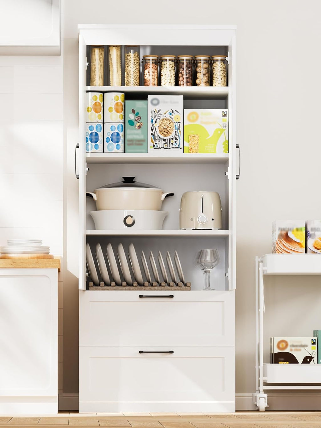 71” H Kitchen Pantry Cabinet, 4-Tier Farmhouse Storage Cabinet with Barn Doors, 2 Drawers, Adjustable Shelf, Freestanding Cupboard for Kitchen, Bathroom, Living Room (White)