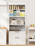 71” H Kitchen Pantry Cabinet, 4-Tier Farmhouse Storage Cabinet with Barn Doors, 2 Drawers, Adjustable Shelf, Freestanding Cupboard for Kitchen, Bathroom, Living Room (White)