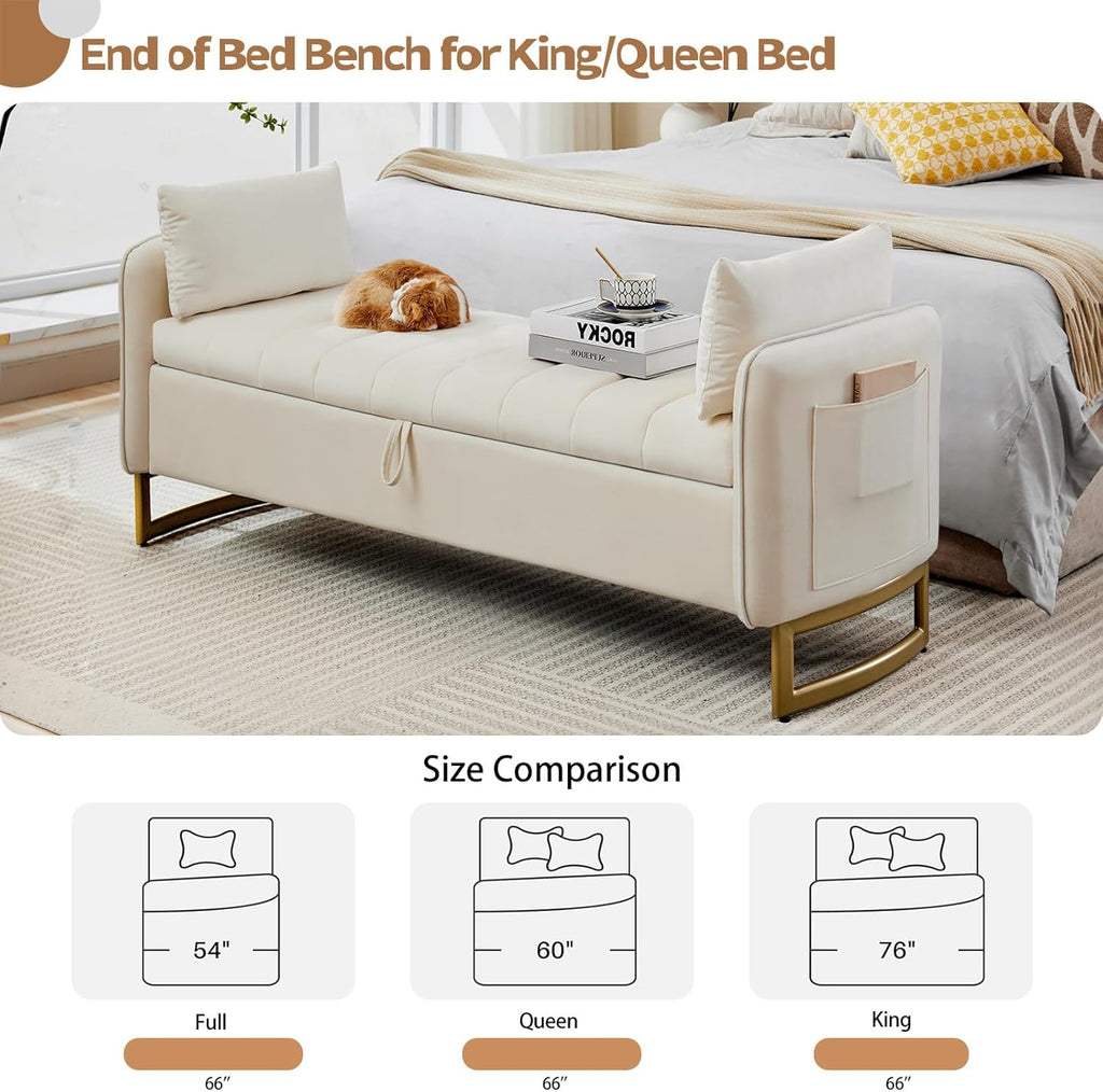 66" End of Bed Storage Bench King Size, Velvet Storage Benches for Bedroom Foot of Bed, Upholstered Storage Ottoman Bench with Golden Legs and Pillow for Living Room Window Entryway, Cream