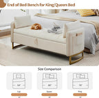 66" End of Bed Storage Bench King Size, Velvet Storage Benches for Bedroom Foot of Bed, Upholstered Storage Ottoman Bench with Golden Legs and Pillow for Living Room Window Entryway, Cream