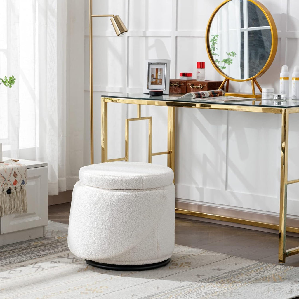 Ya-Home Modern Swivel Ottoman Vanity Chair, Sherpa Upholstered Barrel Club Chairs 360°Degree Swivel Side Chair with Storage, Comfy Makeup Stool for Bedroom Living Room, White