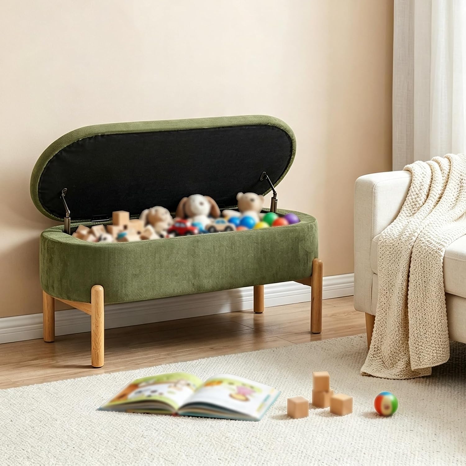 Storage Bench Ottoman With Hidden Storage And Corduroy Fabric, Green | Oval Upholstered Bench For Bedroom, Living Room, Entryway, Or Under Window With Soft Seat, Safety Hinge, And Wood Legs