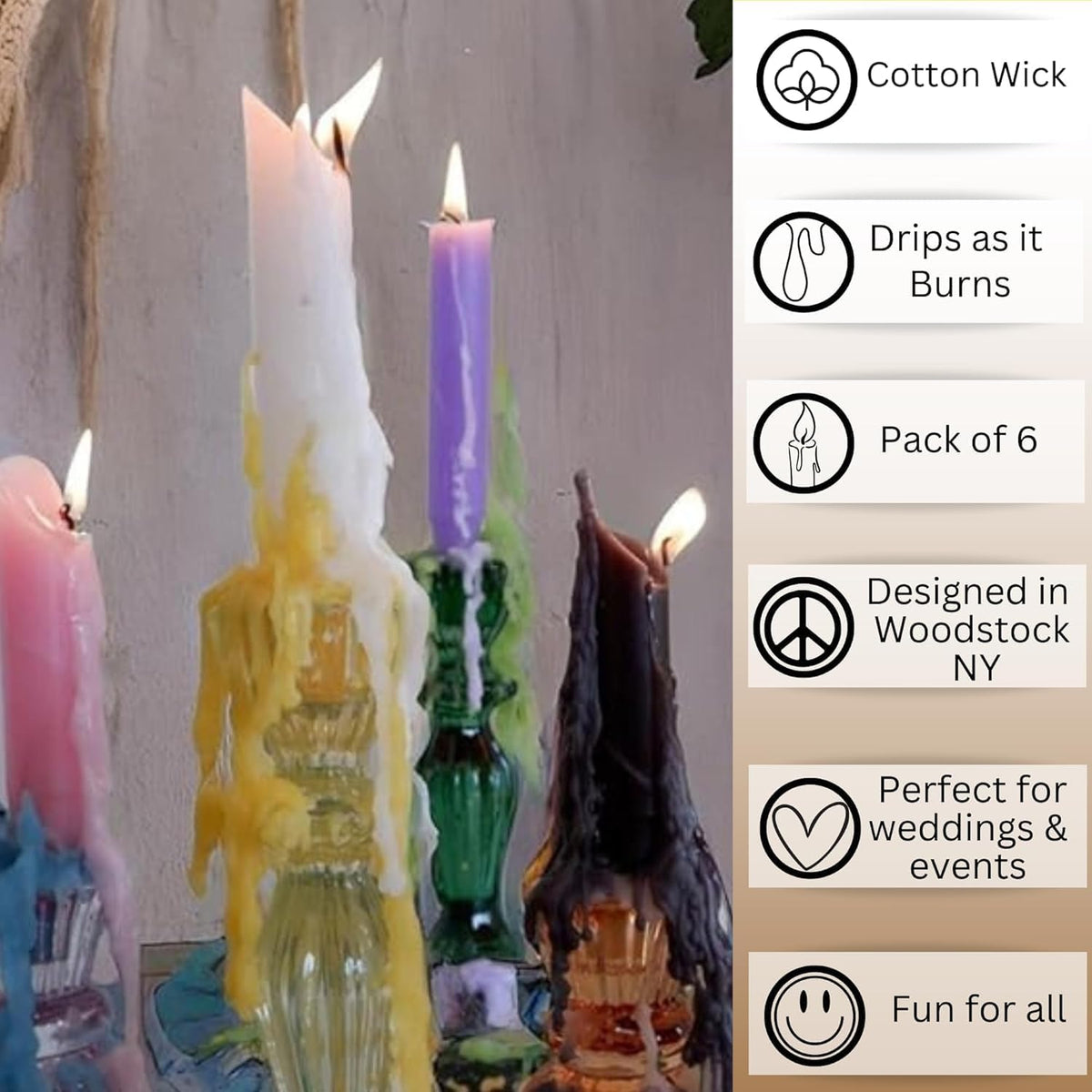 Candlestock Hippie Drippy Drip Candles - Pack of 6 Dripping Taper - Wine Bottle Melting Candles (Ivory)