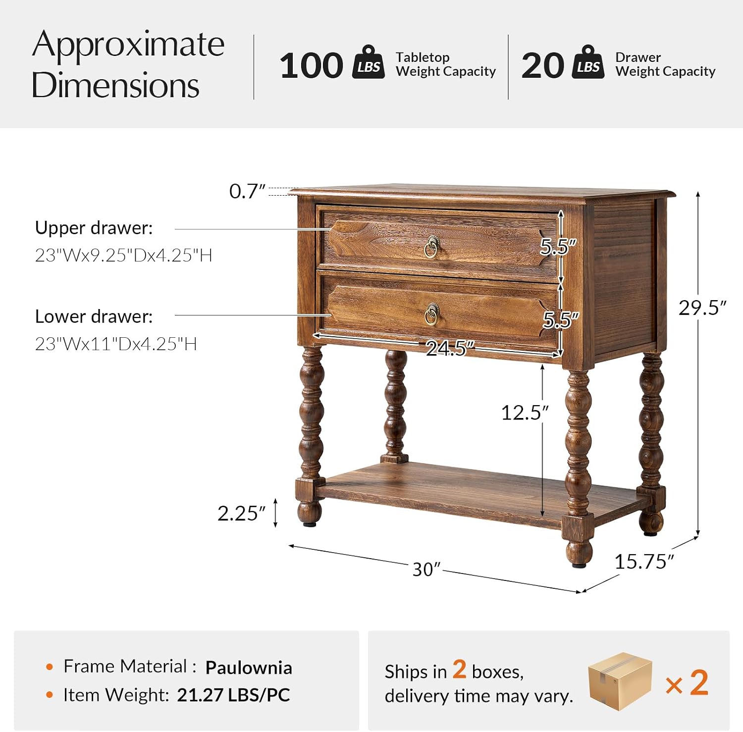 HULALA HOME Farmhouse Storage End Table Set of 2 with 2 Drawers and Open Shelf, Solid Wood Side Table with Spindle Legs, End Table with Charging Station (Walnut)