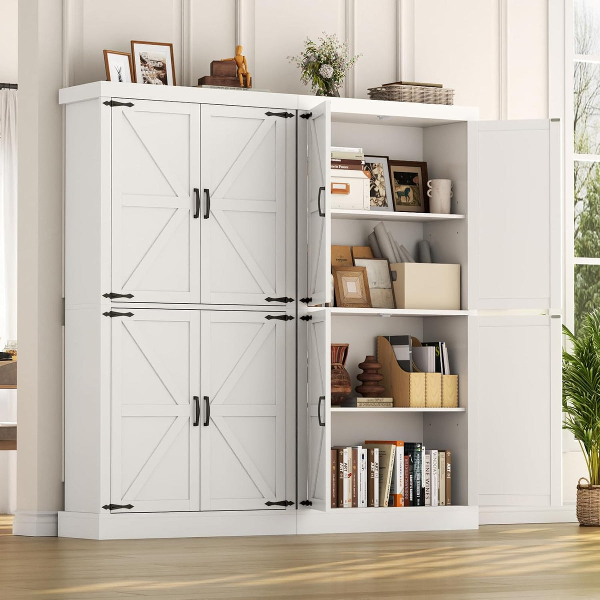 Gyfimoie 70" Tall Kitchen Pantry, Farmhouse Storage Cabinet with Barn Doors,Kitchen Hutch Pantry Cabinet with Adjustable Shelves,Organizer,Rustic Wood Cupboard for Dining Room, Bathroom (White)