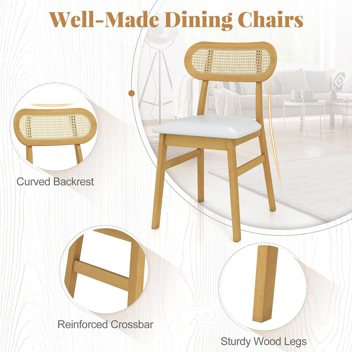 GOFLAME Wooden Dining Chairs Set of 4, Mid-Century Modern Kitchen Chairs with Upholstered Seat & Rattan Backrest, Faux Leather Cover, Armless Side Chairs for Dining Room, Restaurant, White