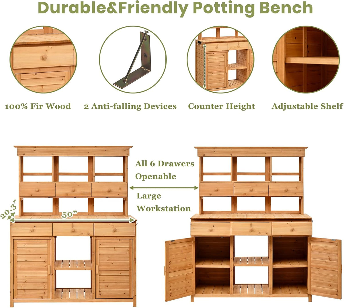 66" Durable Fir Wood Freestanding Storage Chest, Accent Cabinets with Multiple Drawers, Utility Organizer with Anti-Tipping for Patio Mudroom Greenhouse, Natural