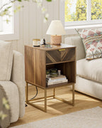 Nightstand with Charging Station,Modern Night Stand Boho Farmhouse Wood Bedside Table with Storage Drawer and Open Shelf,Side End Table for Bedroom,Living Room,Walnut