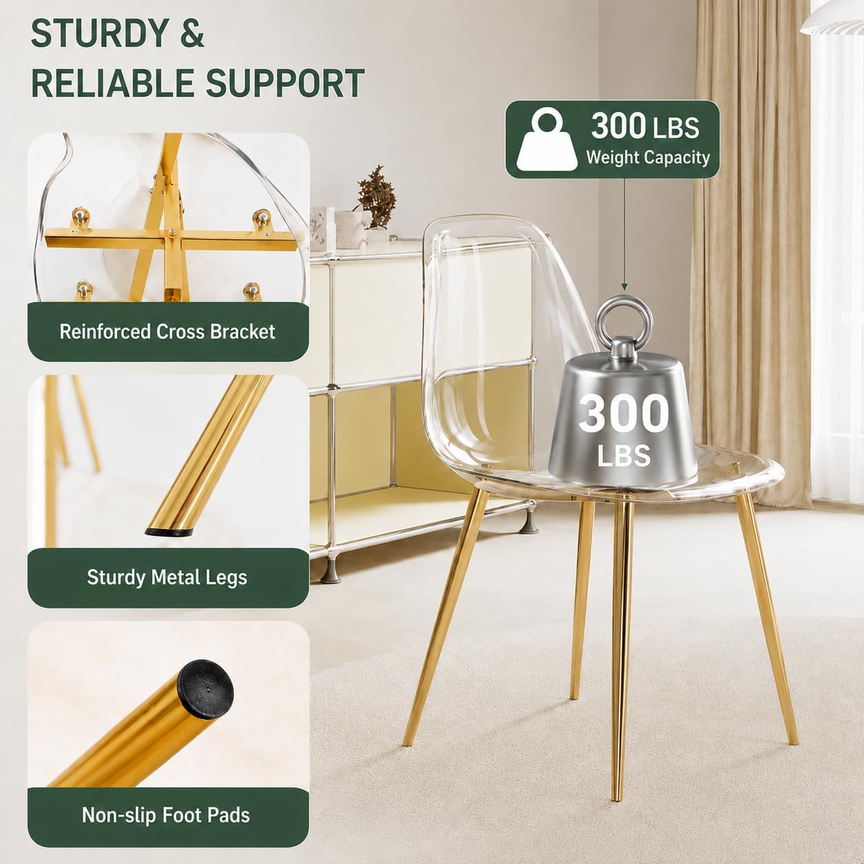 JUFU Acrylic Dining Chairs Set of 6, Modern Clear Chairs with Transparent Seat, Ergonomic Acrylic Side Chairs with Gold Metal Legs for Dining Room, Kitchen, Living Room