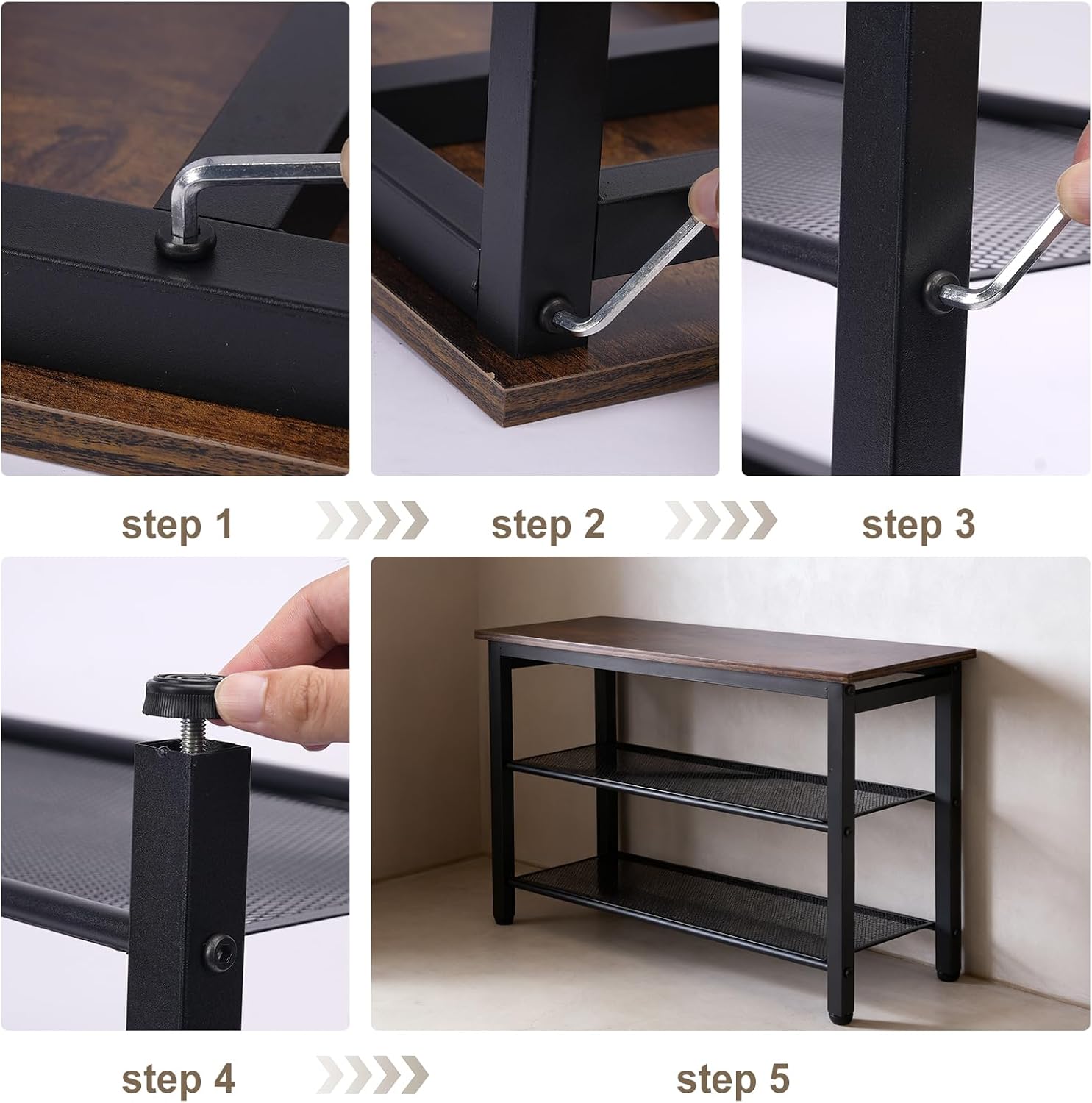 3-Tier Entryway Shoe Bench with Wood Seat, Industrial Metal Mesh Storage Rack for Hallway, Living Room, Rustic Brown, 29.5 Inch