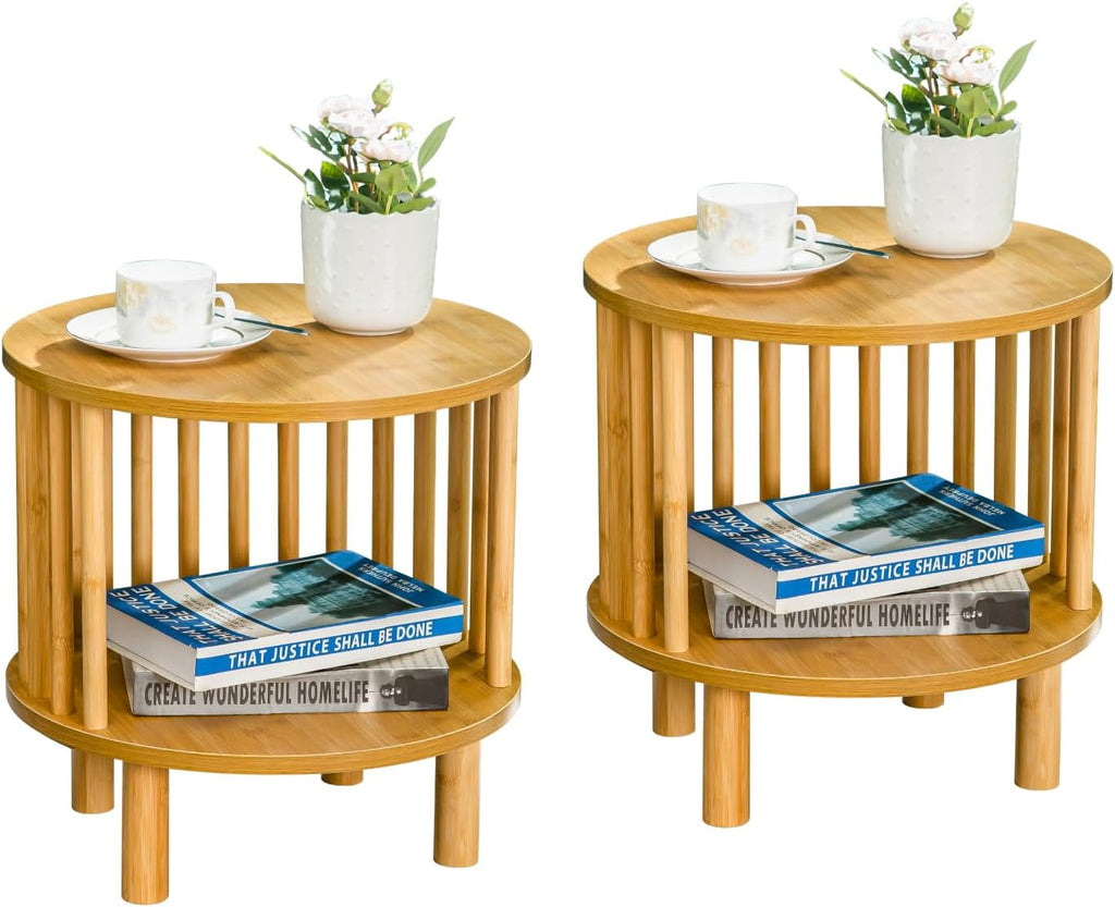 MFSTUDIO Bamboo Nightstand End Table Set of 2, Round 15.7" Bedside Tables with 2-Tier Open Storage for Small Spaces, 2 Pieces Farmhouse Natural Bamboo Wood End Table for Living Room