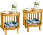 MFSTUDIO Bamboo Nightstand End Table Set of 2, Round 15.7" Bedside Tables with 2-Tier Open Storage for Small Spaces, 2 Pieces Farmhouse Natural Bamboo Wood End Table for Living Room