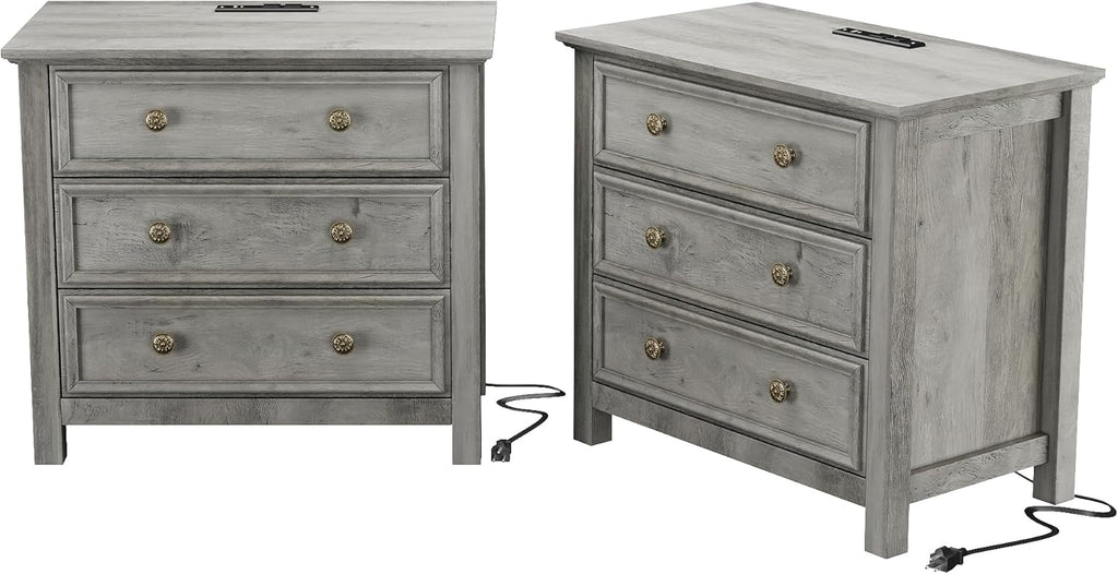 LGHM Set of 2 Large Nightstand with Charger Station, 27" W Night Stand with 3 Large Drawers, Accent Small Dresser Bed Side Table, Stable Thick Wood Legs, Timeless Look,Gray