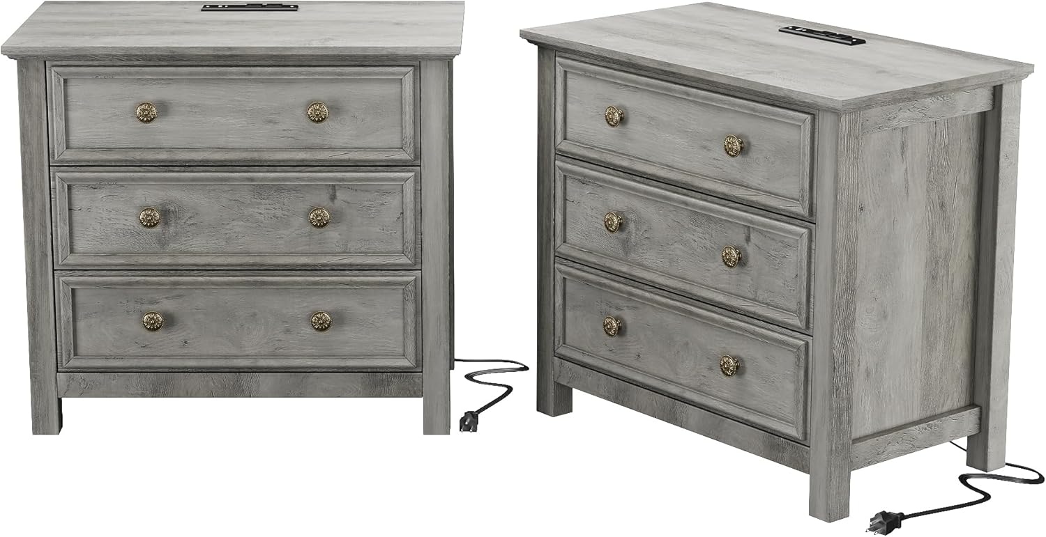 LGHM Set of 2 Large Nightstand with Charger Station, 27" W Night Stand with 3 Large Drawers, Accent Small Dresser Bed Side Table, Stable Thick Wood Legs, Timeless Look,Gray