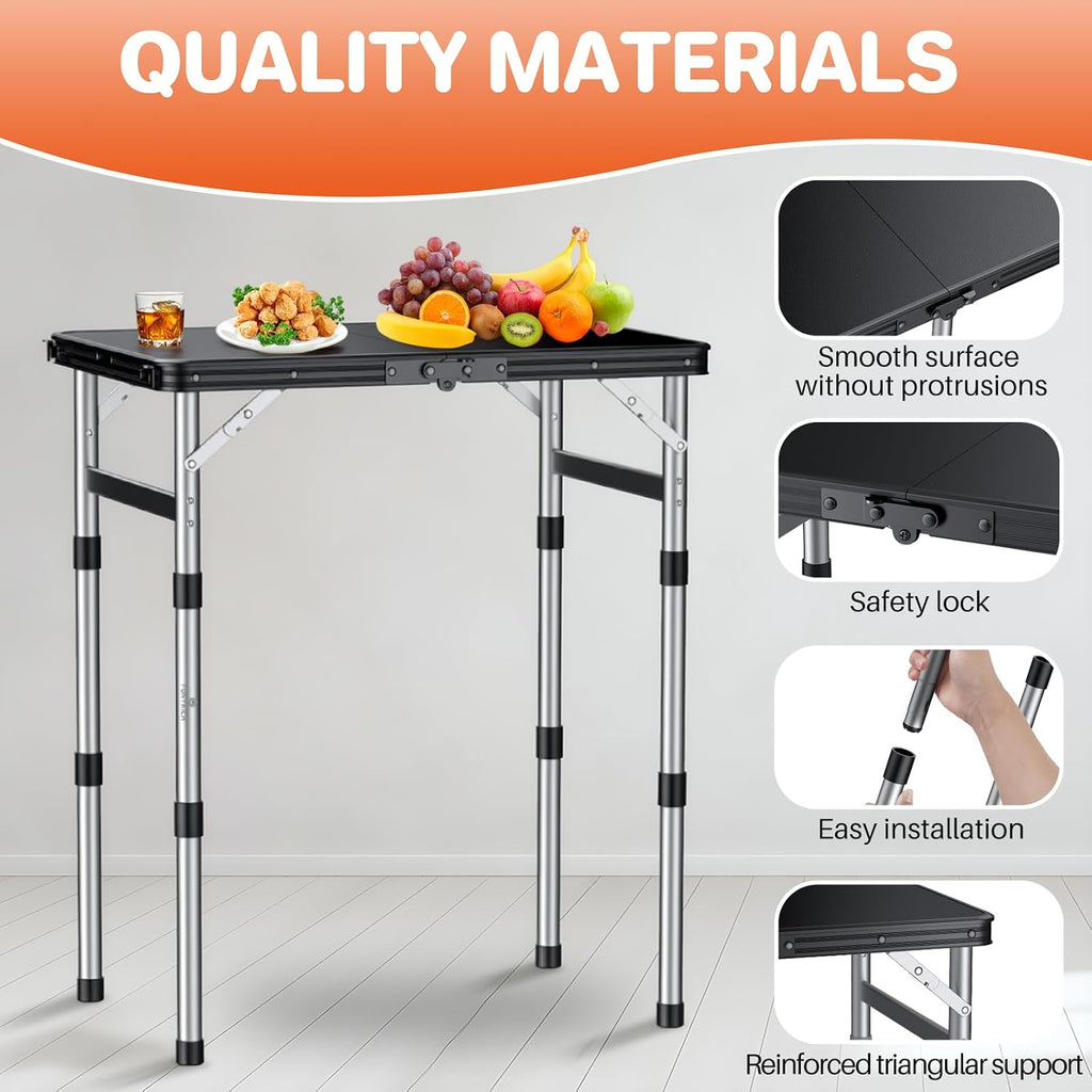 FUNYKICH Camping Table with Waterproof Plastic Tabletop 22.8''x15.7'', 3 Height Adjustable Small Folding Table, Lightweight Portable Picnic Table with Carry Handle for Picnic Beach Travel,Black Silver