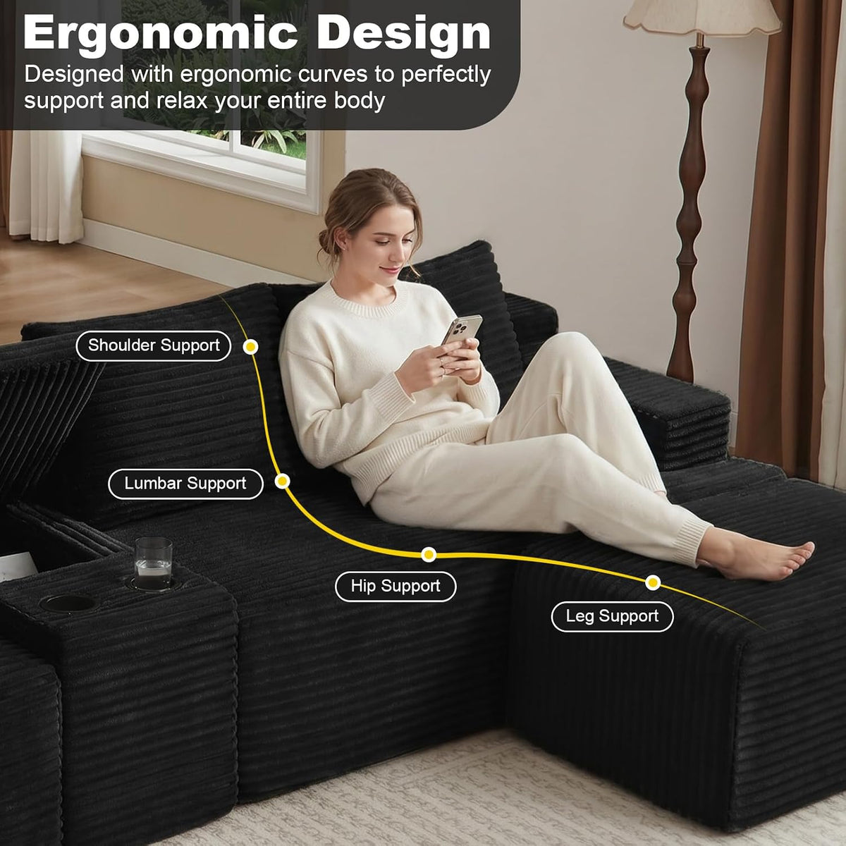 GNIXUU 140.6" Black Cloud Sectional Couches for Living Room | 2 Cup Holders, Oversized Comfort, U-Shaped Modular Sofa Set, Storage Console, 2 Side Pockets, Corduroy Fabric, No Assembly
