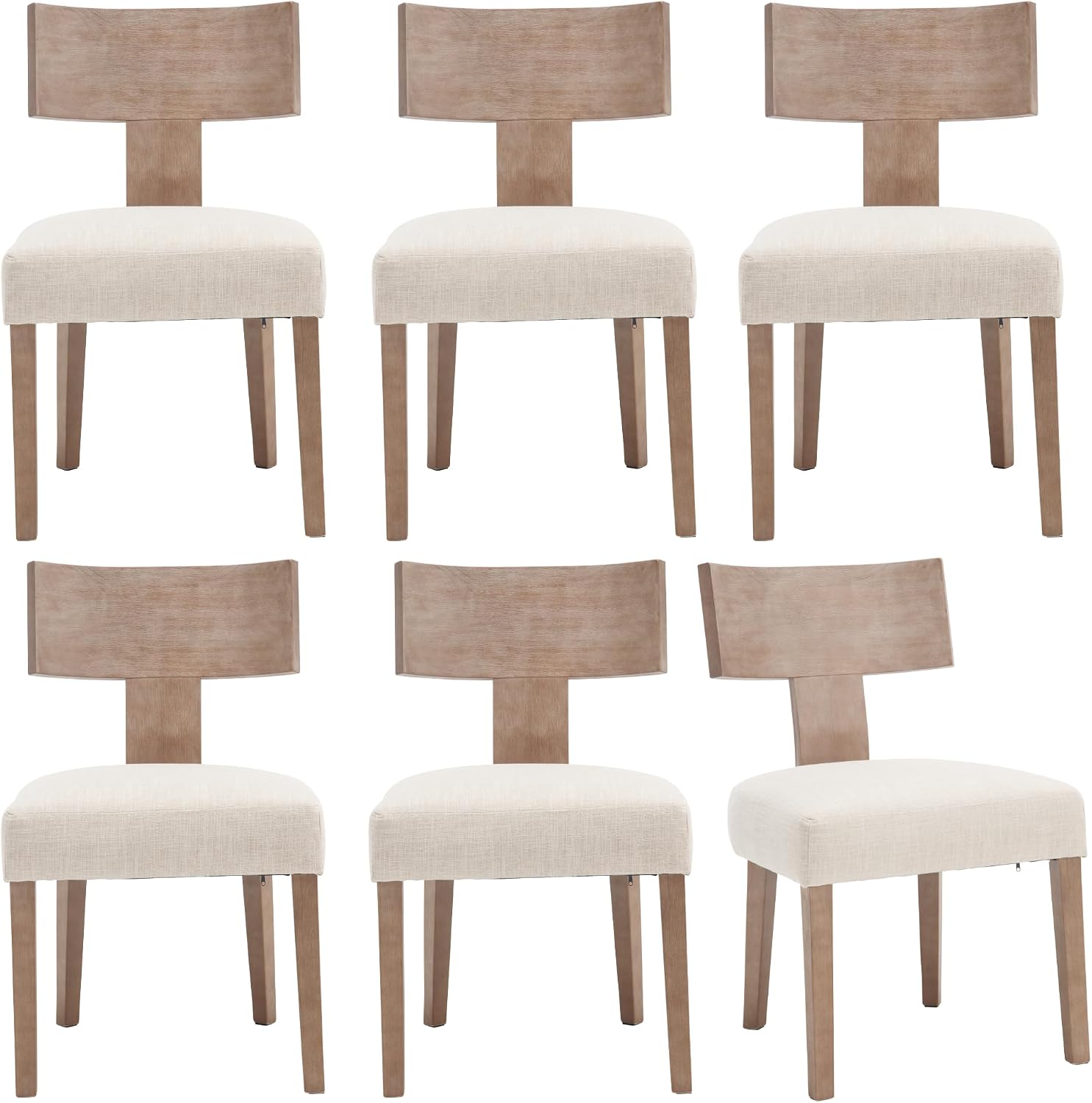 Farmhouse Dining Chairs Set of 6, Mid Century Modern Kitchen Chair Upholstered Natural Color Wooden Chairs with T-Shape Back, Armless Comfy Accent Chairs, Linen Beige