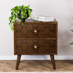 HOMPUS Wood Nightstand Set of 2, Modern Nightstand with Drawers Set 2 w Honeycomb Pattern, Small 2 Drawer Dresser, Bedside End Table with Solid Wood Legs for Bedroom, Dorm, Brown