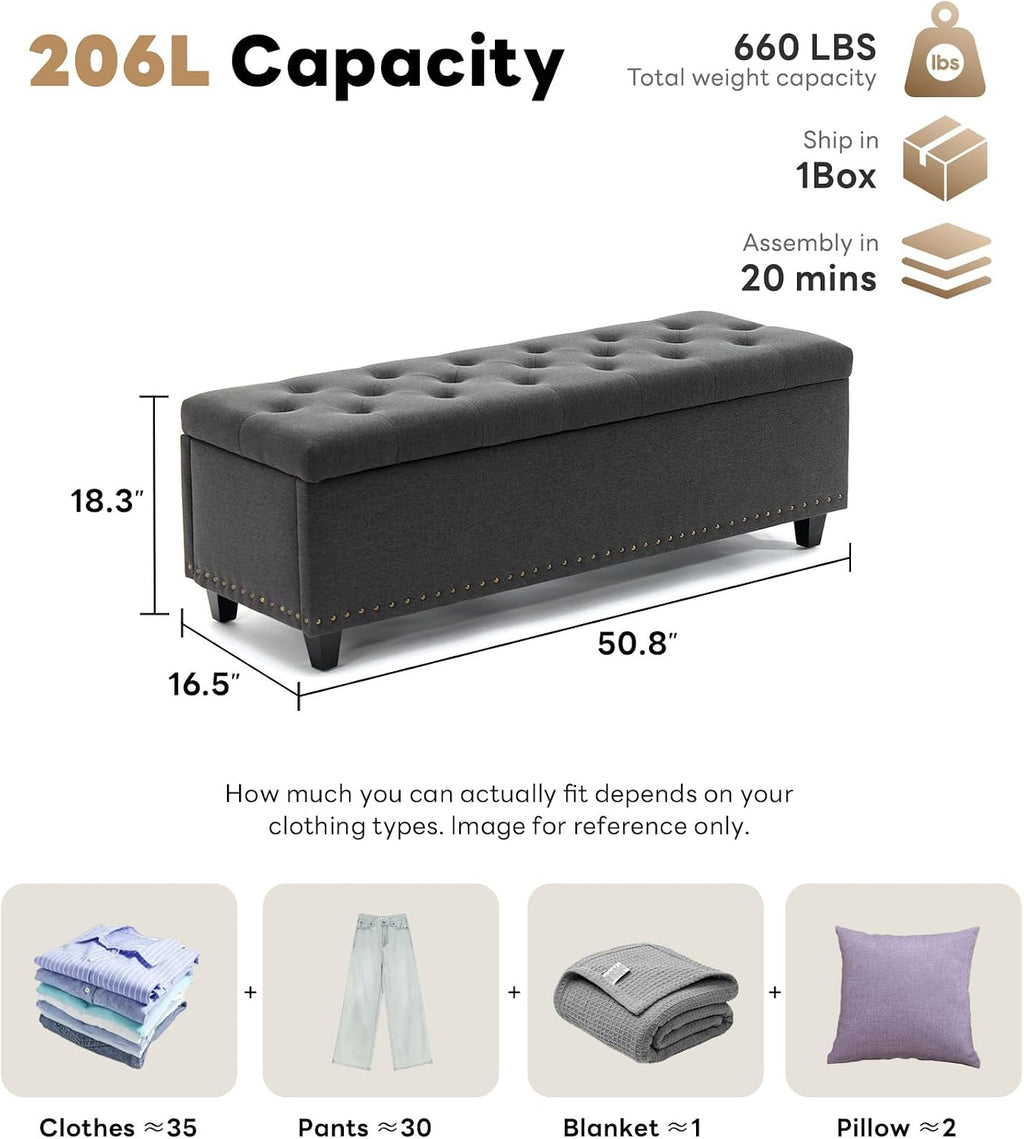 Tbfit 50.8" Ottoman with Storage, Button‑Tufted Bench with Safety Hinge and Rivets, Large End‑of‑Bed Storage Ottoman Bench for Bedroom, Living Room, Entryway, Grey