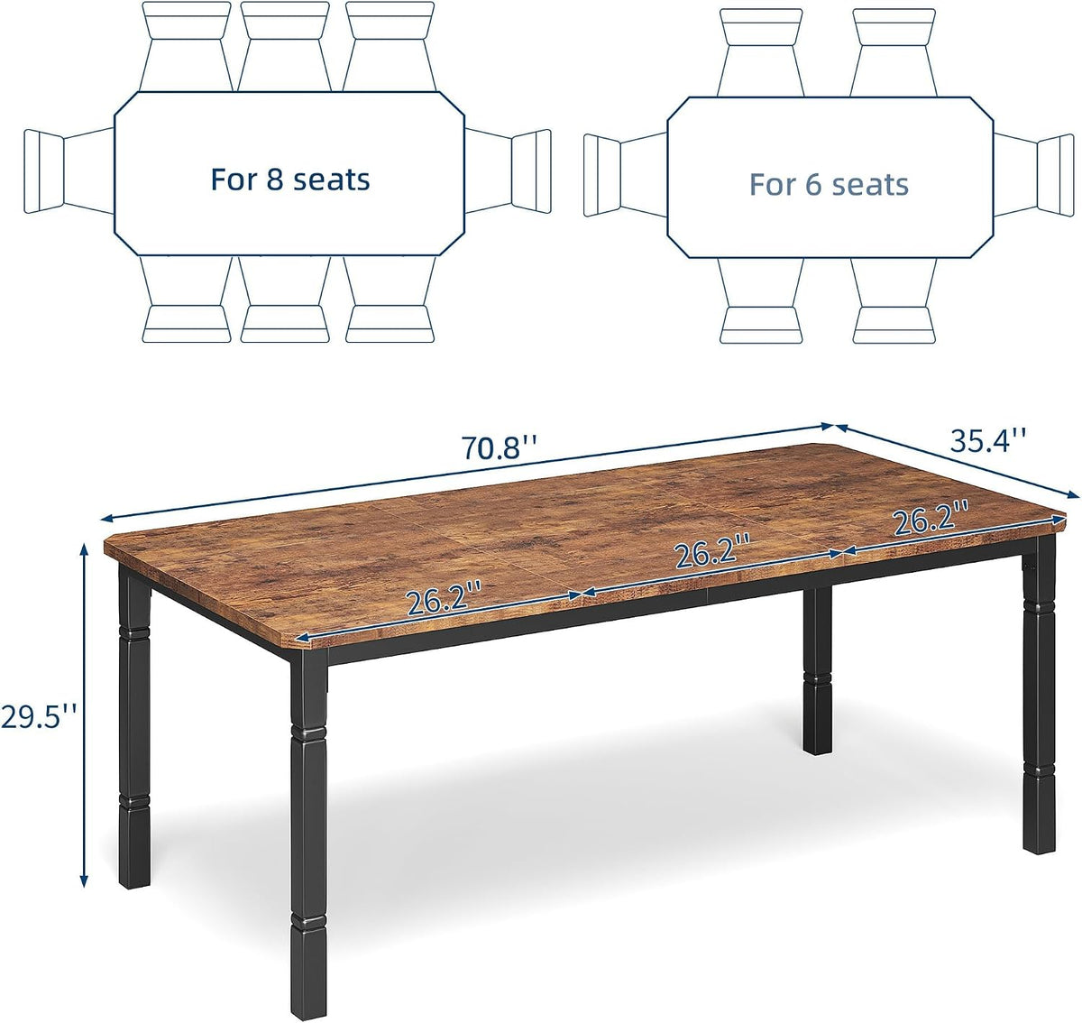 IDEALHOUSE 71" Dining Table for 6-8 People, Modern Rectangular Kitchen Table with Sturdy Metal Legs, Large Wood Farmhouse Dining Room Table for Home Office, Conference, Black & Retro