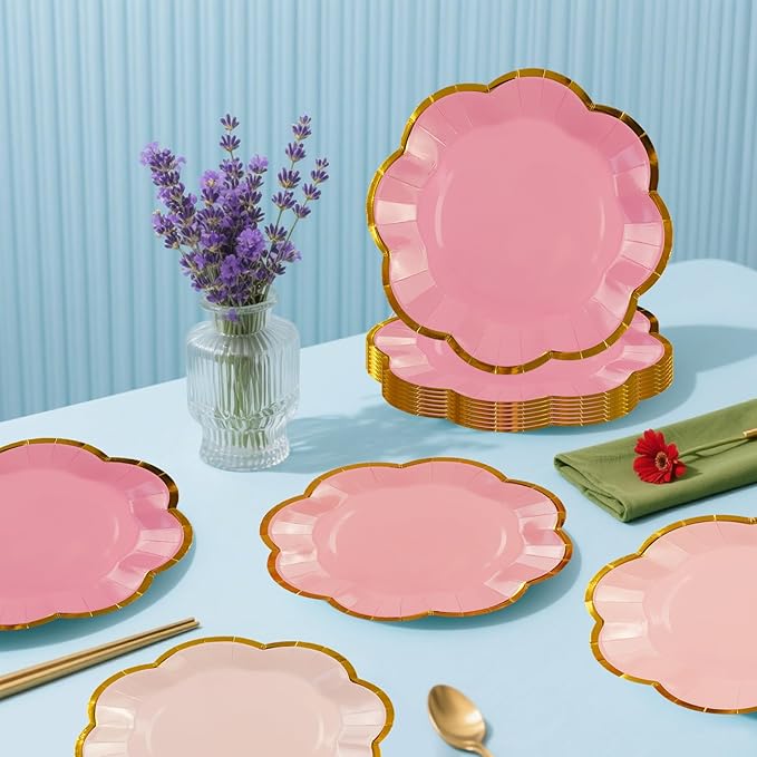 48Pcs Light Pink Scalloped Party Plates - 7inch Gold Foil Gradient Pink Dessert Paper Plate Disposable Cake Plates for Birthday Bridal Baby Shower Wedding Party Decorative Supplies