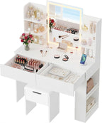 Furmax Vanity Desk with Mirror and LED Lights, White with Bench | Makeup Vanity Table with 3 Lighting Color, Adjustable Brightness, Vanity Table with 2 Drawers, Side Storage, for Bedroom