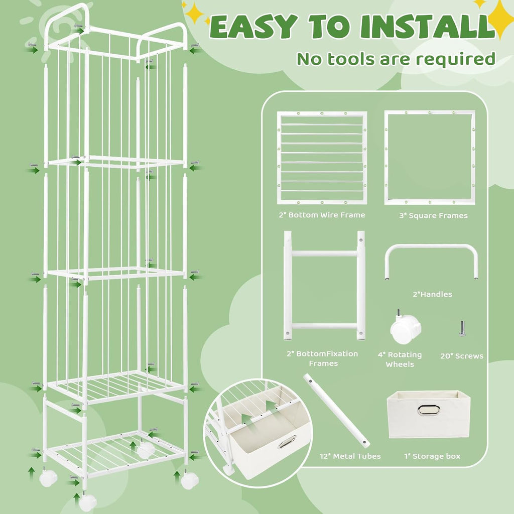 Stuffed Animal Storage, Metal Stuff Animals Zoo Holder with Fabric Drawer and Wheels Tall Vertical Plushies Toy Organizer Plush Storage Cage with Elastic Band for Nursery Playroom Corner