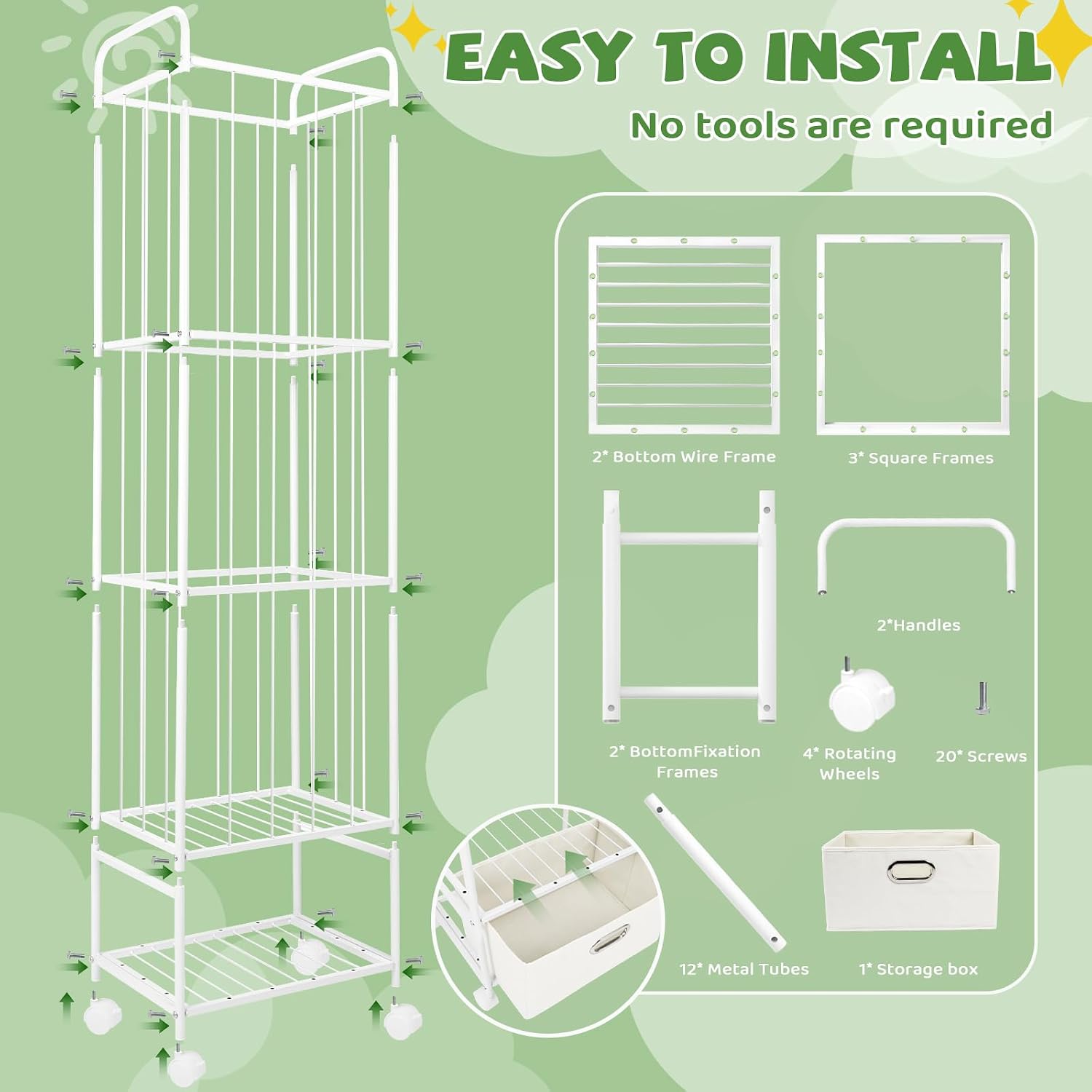 Stuffed Animal Storage, Metal Stuff Animals Zoo Holder with Fabric Drawer and Wheels Tall Vertical Plushies Toy Organizer Plush Storage Cage with Elastic Band for Nursery Playroom Corner