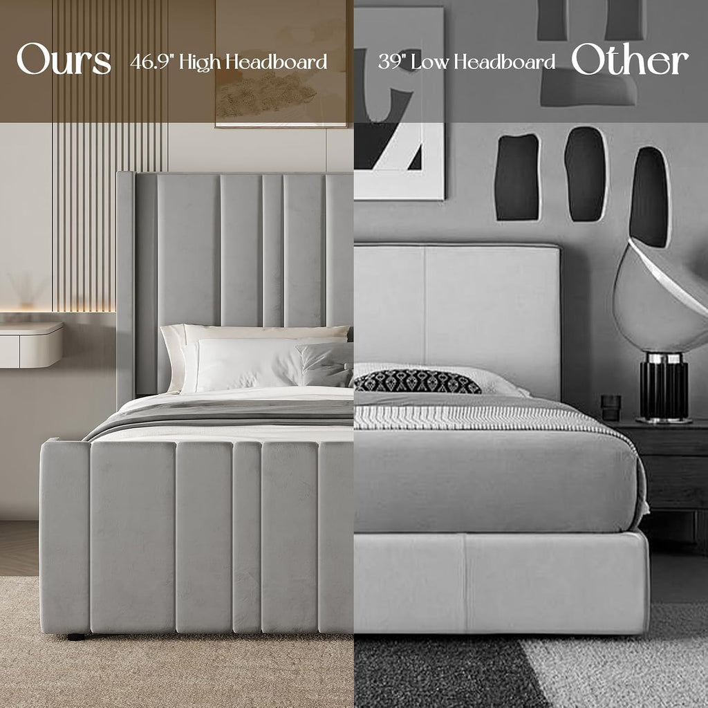 HOMBCK King Size Bed Frame with 46.9" Tall Headboard, Grey