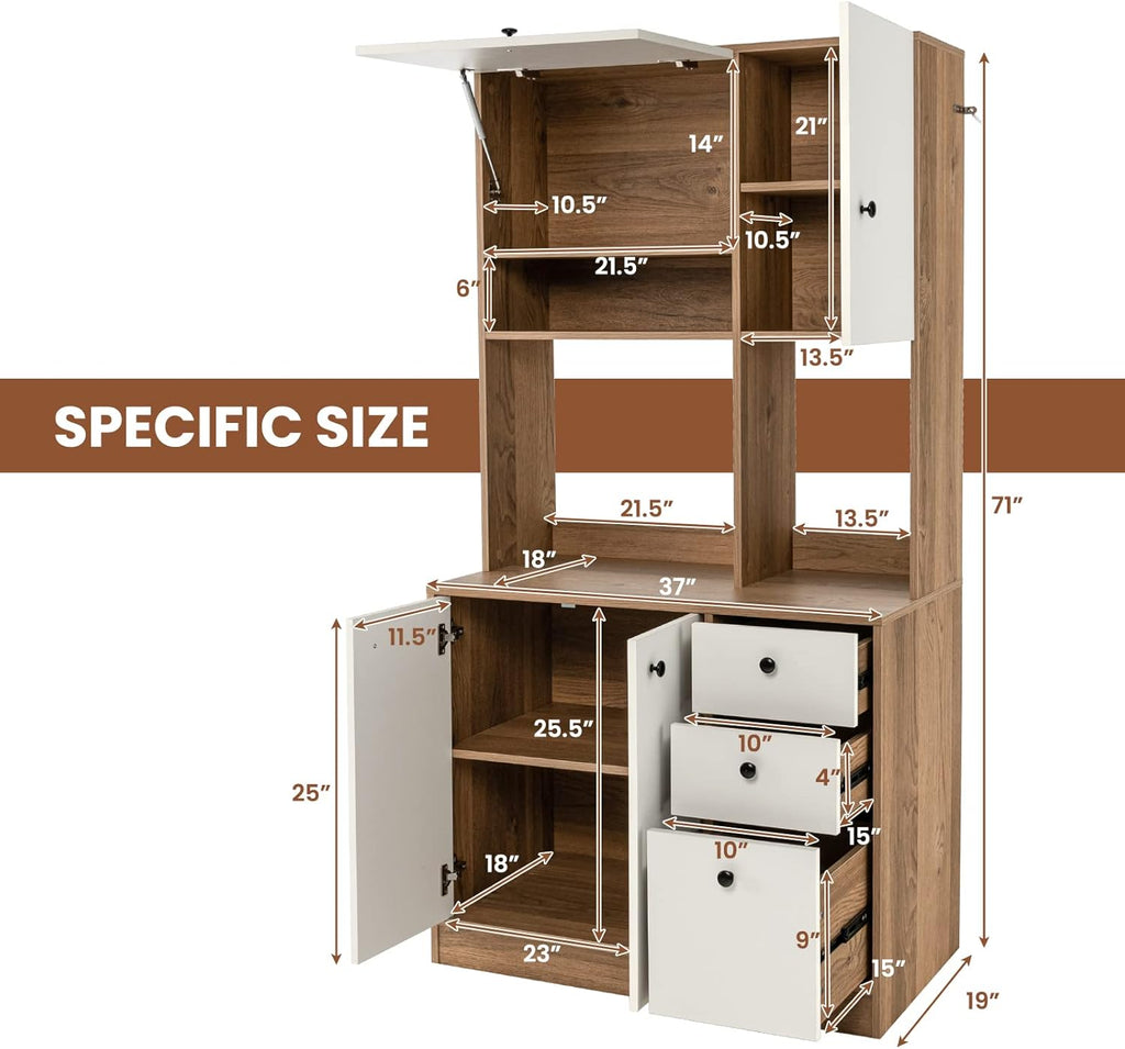 LOKO 71” Tall Kitchen Pantry Storage Cabinet, Freestanding Buffet Hutch with Doors, Adjustable Shelves, 3 Drawers and Microwave Stand, Kitchen Hutch for Dining Room, Living Room (White & Natural)