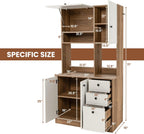 LOKO 71” Tall Kitchen Pantry Storage Cabinet, Freestanding Buffet Hutch with Doors, Adjustable Shelves, 3 Drawers and Microwave Stand, Kitchen Hutch for Dining Room, Living Room (White & Natural)