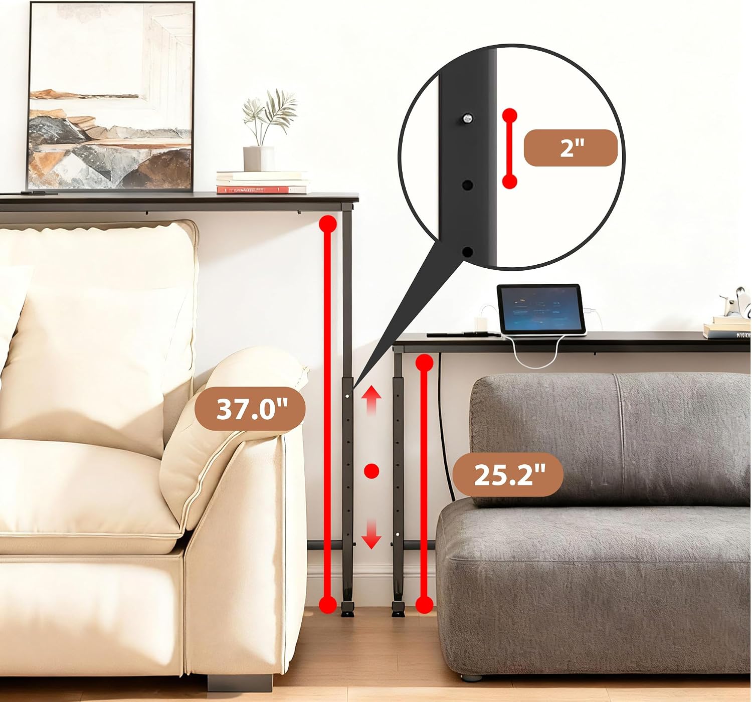 Keelian 70 inch Behind Couch Table with Outlets Adjustable Sofa Table Black | Adjustable Height(25"-37"),Skinny Couch Shelf with Charging Station,Long Entryway Tables for Living Room