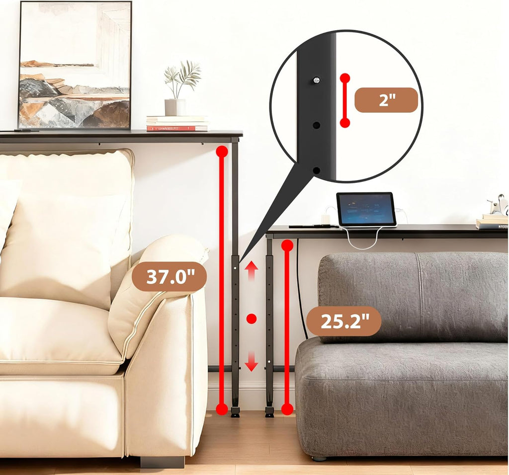Keelian 78 inch Behind Couch Table with Outlets Adjustable Sofa Table Black