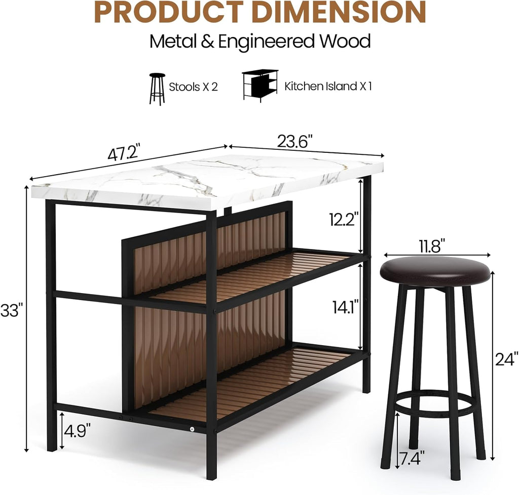 DKLGG Kitchen Island with Stools & Storage, Modern Dining Table Set for 2, 3 Piece Kitchen & Dining Room Sets Island Table for Small Space, Apartment, Home Bar, White