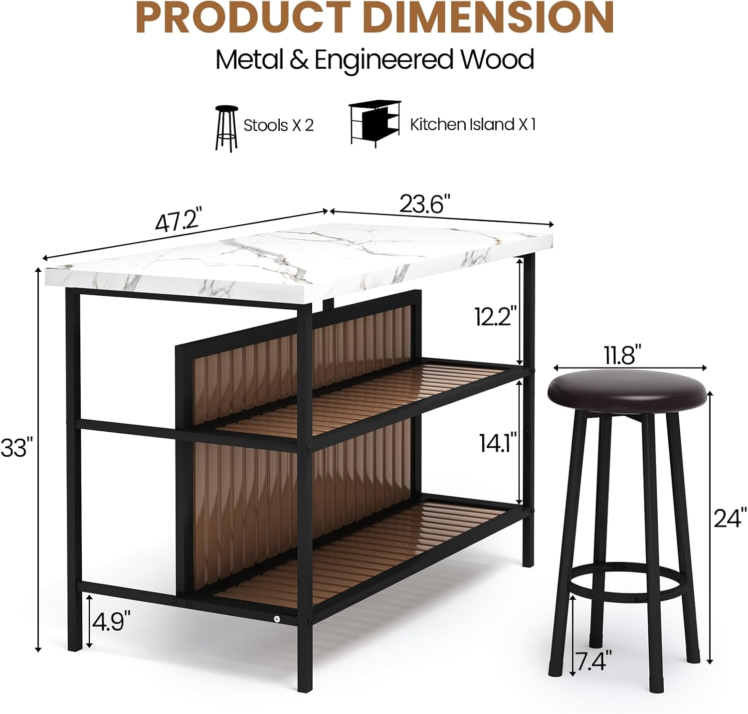 DKLGG Kitchen Island with Stools & Storage, Modern Dining Table Set for 2, 3 Piece Kitchen & Dining Room Sets Island Table for Small Space, Apartment, Home Bar, White