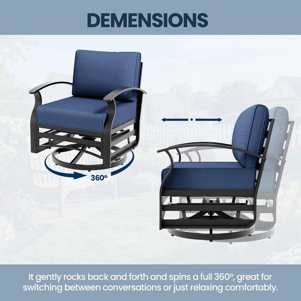 3 Piece Aluminum Swivel Rocking Chair Set, Outdoor Patio Swivel Gliders Chair with Glass Top Coffee Table, Conversation Furniture Set Suitable for Patio, Lawn, Outdoor, Back Garden(Dark Blue)