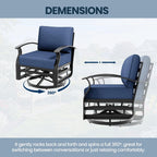 3 Piece Aluminum Swivel Rocking Chair Set, Outdoor Patio Swivel Gliders Chair with Glass Top Coffee Table, Conversation Furniture Set Suitable for Patio, Lawn, Outdoor, Back Garden(Dark Blue)