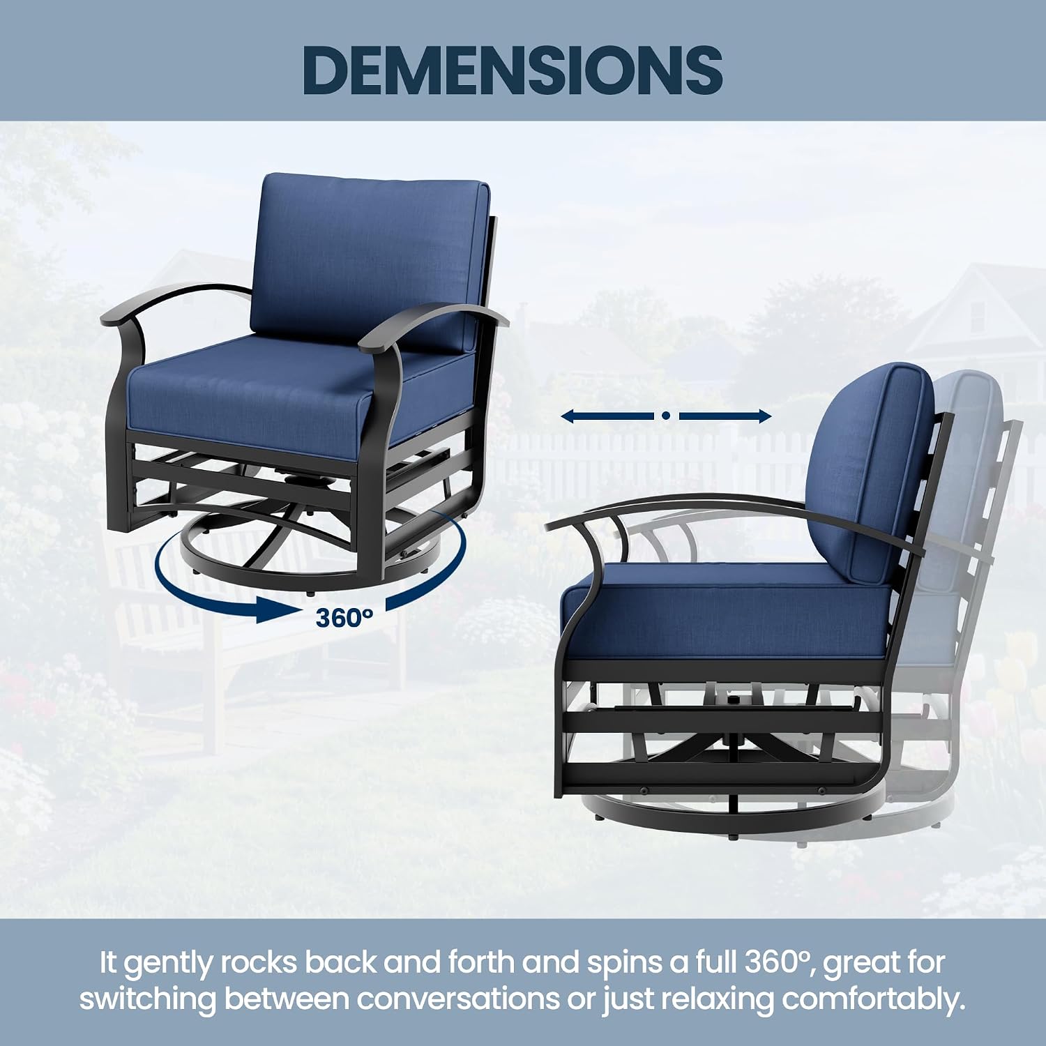 3 Piece Aluminum Swivel Rocking Chair Set, Outdoor Patio Swivel Gliders Chair with Glass Top Coffee Table, Conversation Furniture Set Suitable for Patio, Lawn, Outdoor, Back Garden(Dark Blue)