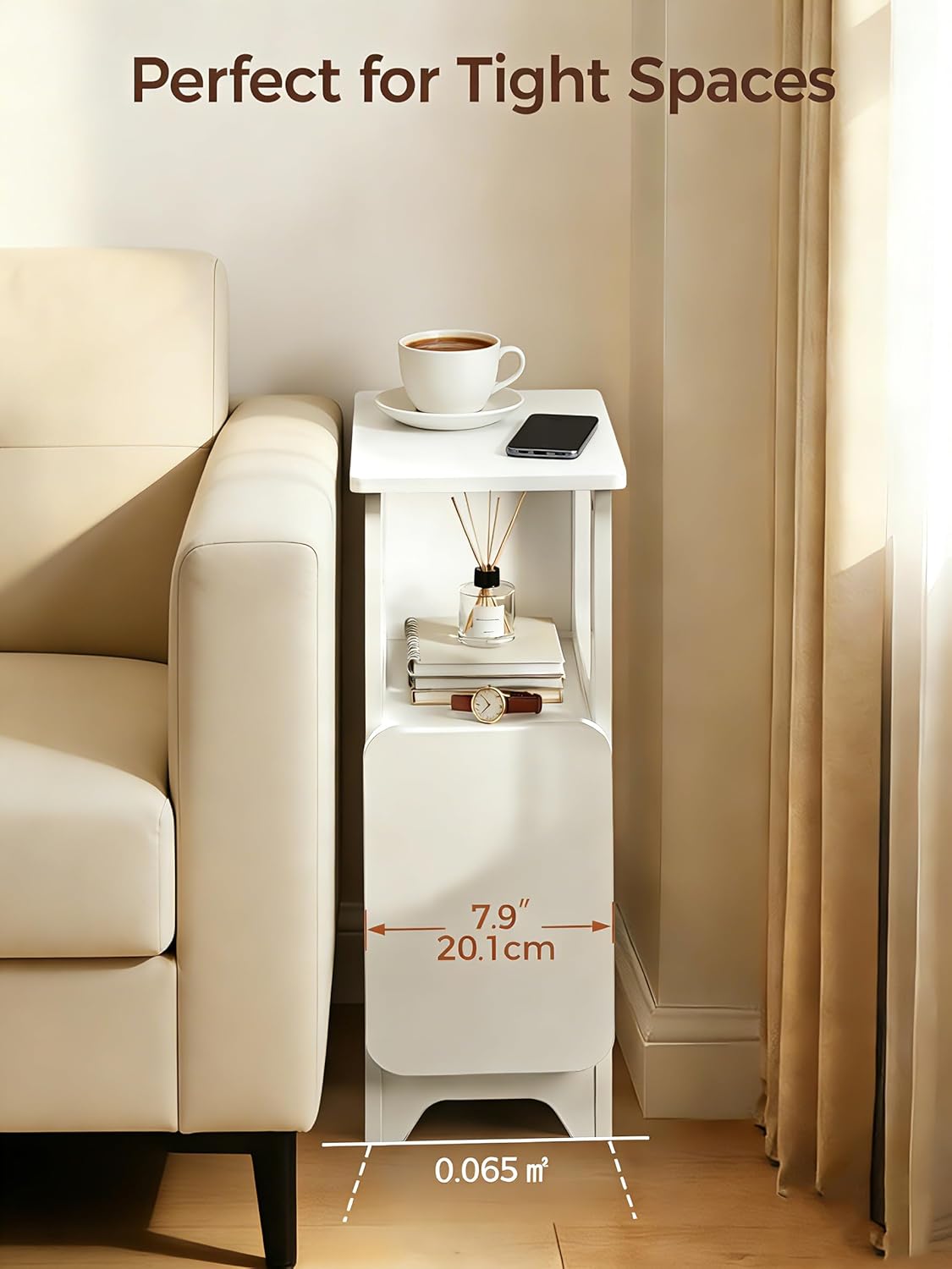 Afuly Narrow Side Table Small End Tables Living Room, Skinny Slim White Modern Table for Couch Sofa Organiser Storage with Drawers, Thin Nightstand Cute Simple Aesthetic Bedside Table for Bedroom
